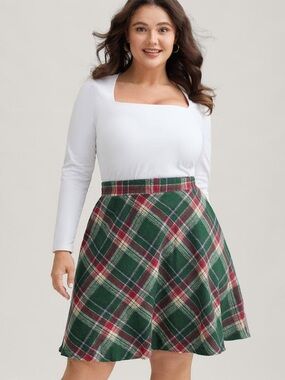 BloomChic Plaid A-Line Skirt in Green and Red